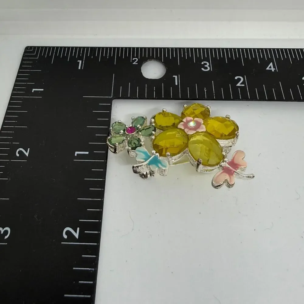 VINTAGE Butterfly Floral Brooch Pink Blue Enamel Green Yellow Crystal Flower Pin